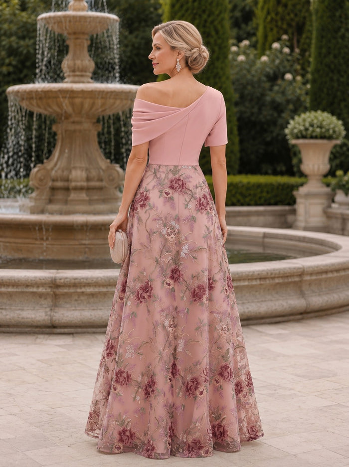 Tulle A-Line One Shoulder Mother of the Bride Dresses with Floral Embroidery