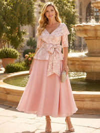 Jacquard A-Line V Neck Mother of the Bride Dresses with Bow