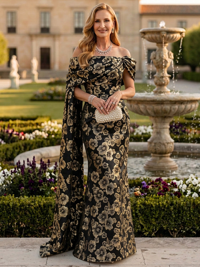 Jacquard Mermaid Off the Shoulder Pleated Mother of the Bride Dresses
