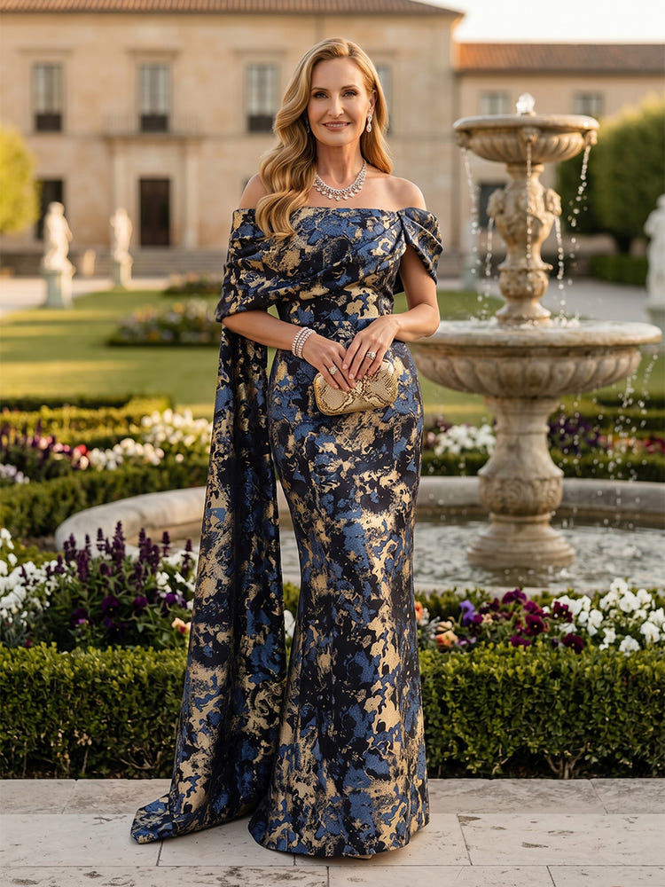 Jacquard Mermaid Off the Shoulder Pleated Mother of the Bride Dresses