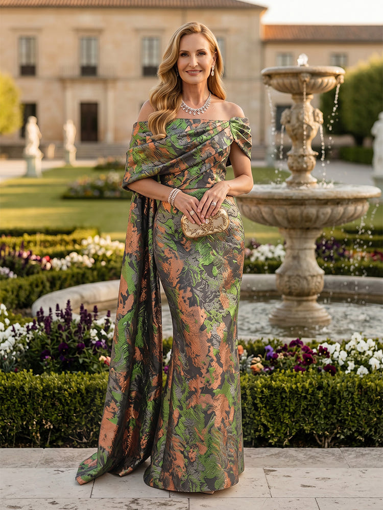 Jacquard Mermaid Off the Shoulder Pleated Mother of the Bride Dresses