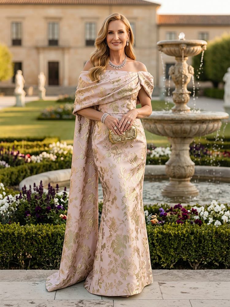 Jacquard Mermaid Off the Shoulder Pleated Mother of the Bride Dresses