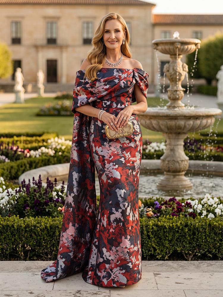 Jacquard Mermaid Off the Shoulder Pleated Mother of the Bride Dresses