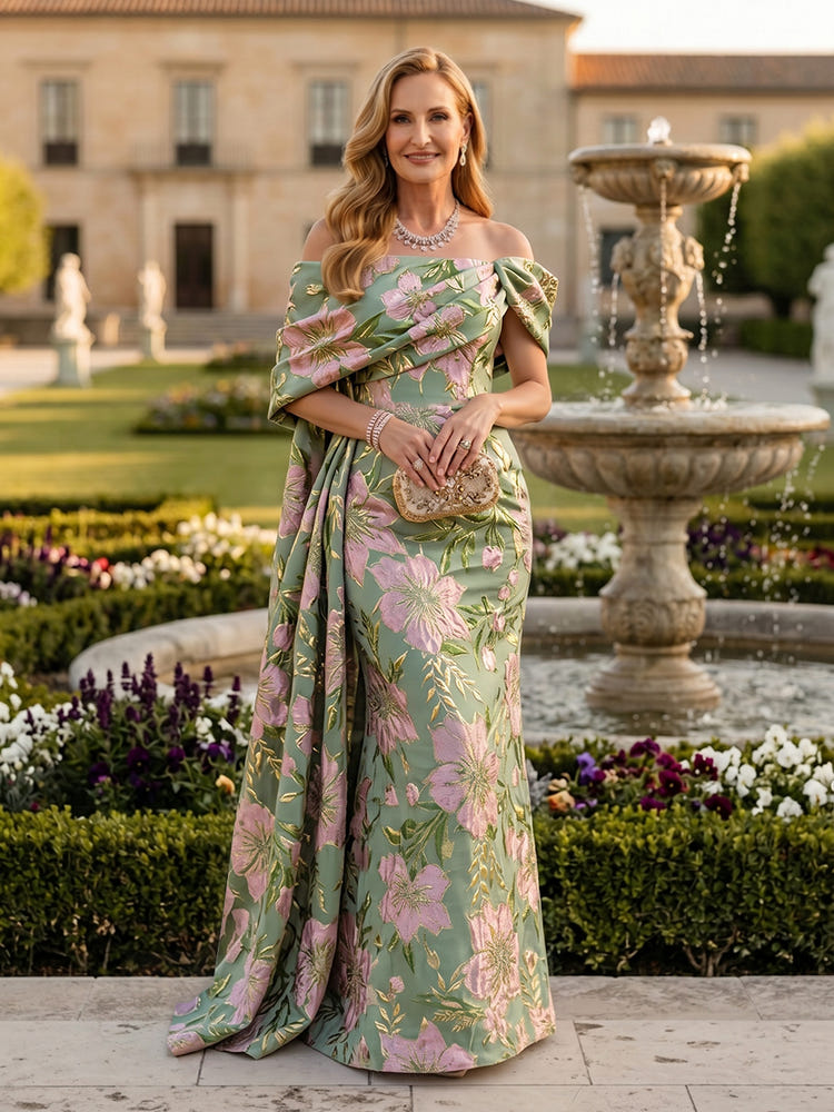 Jacquard Mermaid Off the Shoulder Pleated Mother of the Bride Dresses