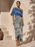 Satin Sheath One Shoulder Mother of the Bride Dresses with Chiffon Floral Print