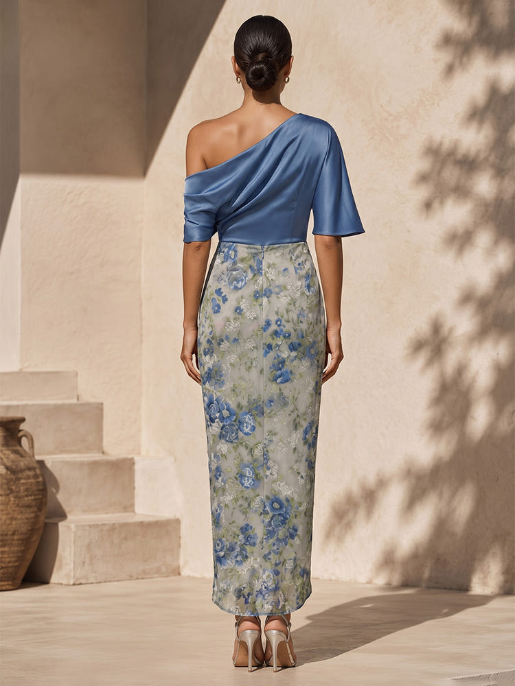 Satin Sheath One Shoulder Mother of the Bride Dresses with Chiffon Floral Print