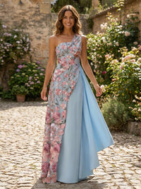 Satin Sheath One Shoulder Mother of the Bride Dresses with Floral Embroidery