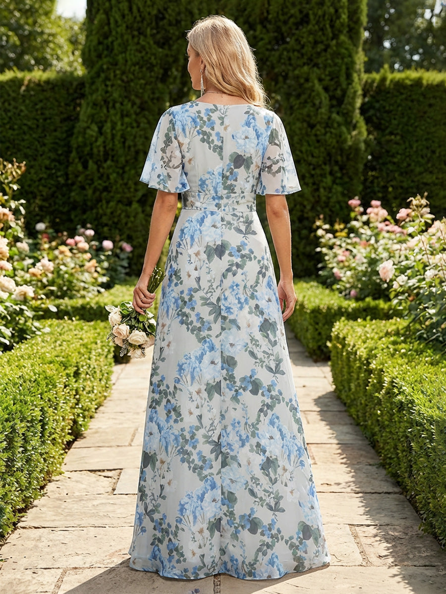 Chiffon A-Line V Neck Mother of the Bride Dresses with Floral Print