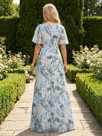 Chiffon A-Line V Neck Mother of the Bride Dresses with Floral Print