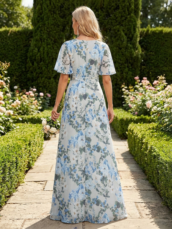 Chiffon A-Line V Neck Mother of the Bride Dresses with Floral Print