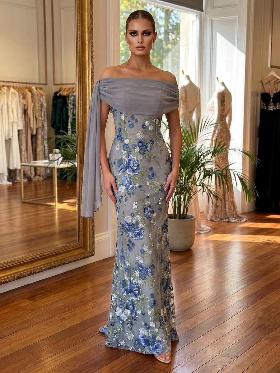 Tulle Mermaid Off the Shoulder Mother of the Bride Dresses with Floral Embroidery