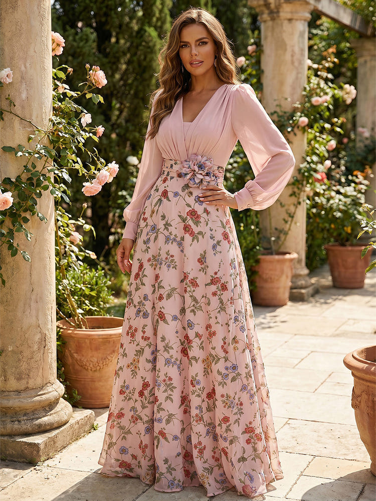 Cream Pink Floral Pleated Chiffon Mother of the Bride Dresses 2026 for Women Elegant Deep V Neck Batwing 3/4 Sleeve A Line Midi Formal Wedding Guest