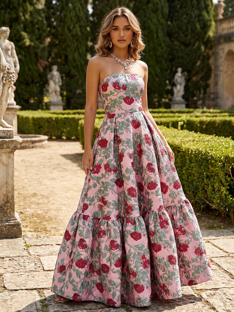 Jacquard A-Line Strapless Tiered Mother of the Bride Dresses