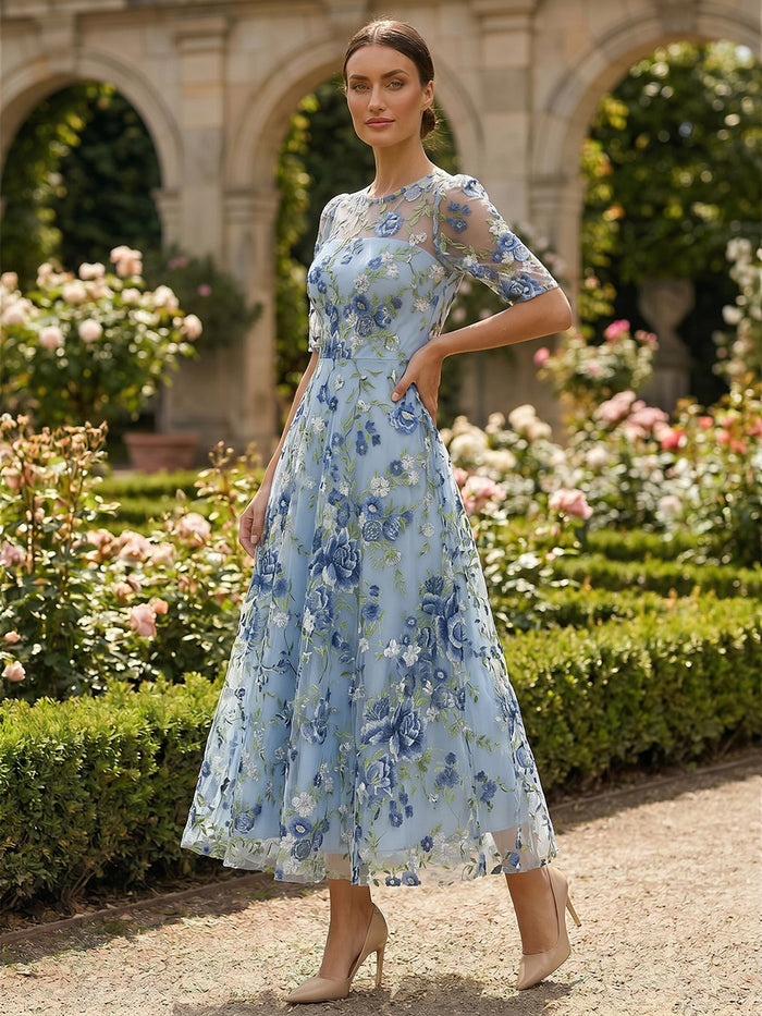 Tulle A-Line Crew Neck Mother of the Bride Dresses with Floral Embroidery