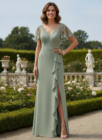 Chiffon Sheath V Neck Mother of the Bride Dresses with Lace Applique