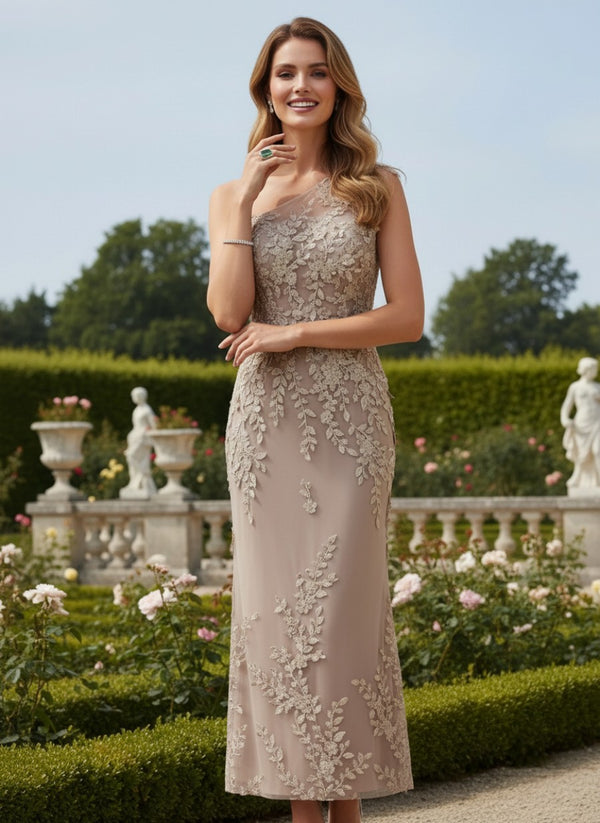 Tulle Sheath One Shoulder Mother of the Bride Dresses with Lace Applique
