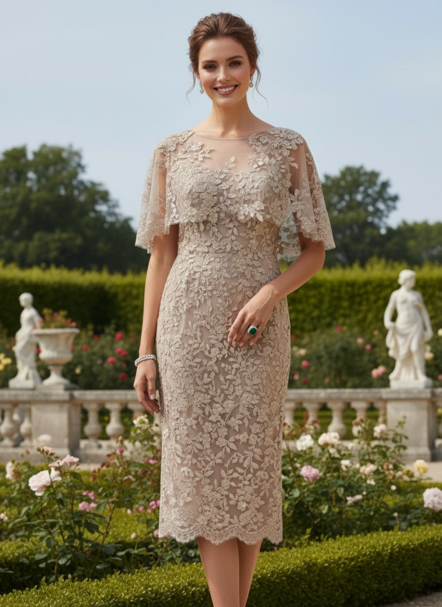 Tulle Sheath Crew Neck Mother of the Bride Dresses with Caps
