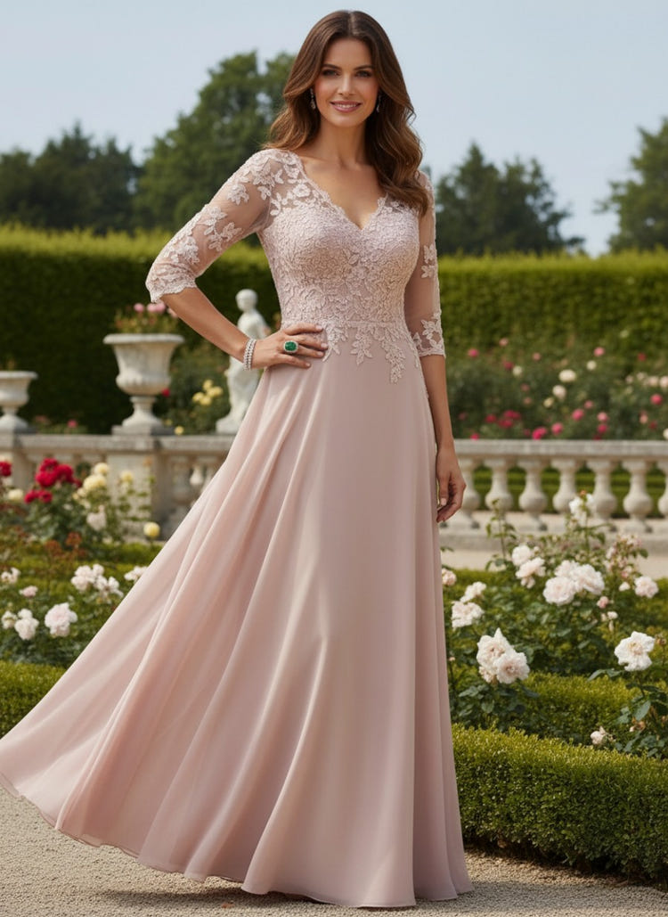Dusty Pink Lace Chiffon Mother of the Bride Dresses 2026 for Women Elegant A Line V Neck 3/4 Illusion Lace Sleeve Floor Length Formal Evening Gown
