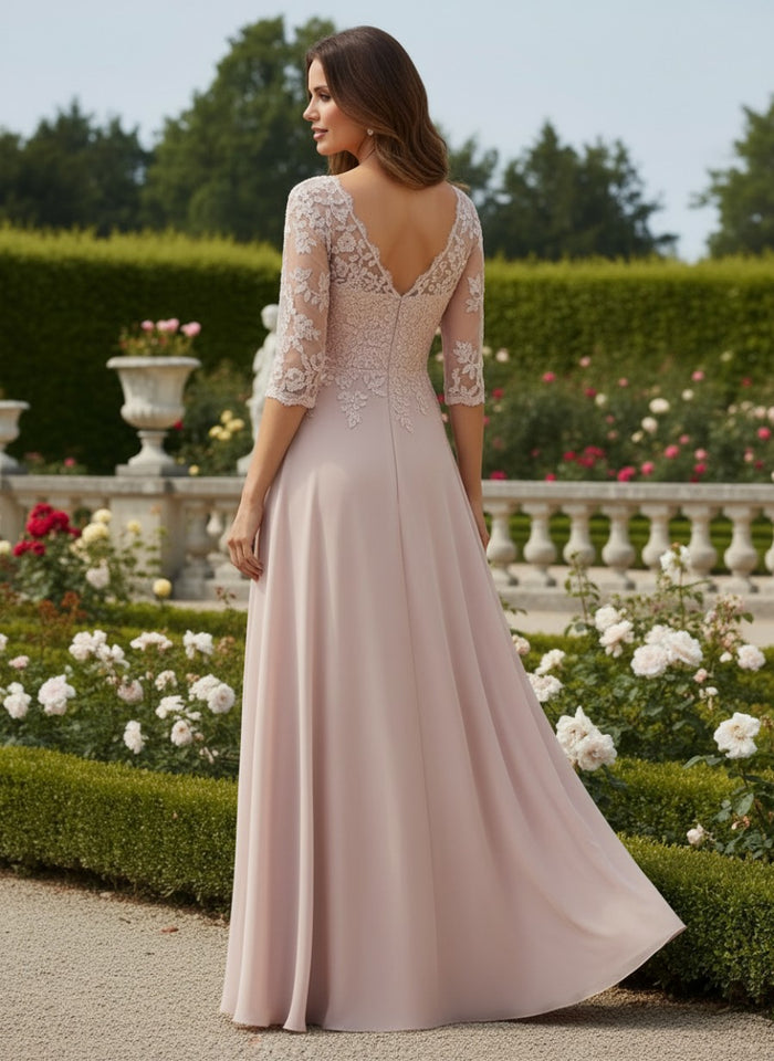 Chiffon A-Line V Neck Mother of the Bride Dresses with Lace Applique