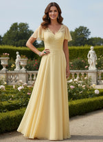 Chiffon A-Line V Neck Mother of the Bride Dresses with Lace Applique