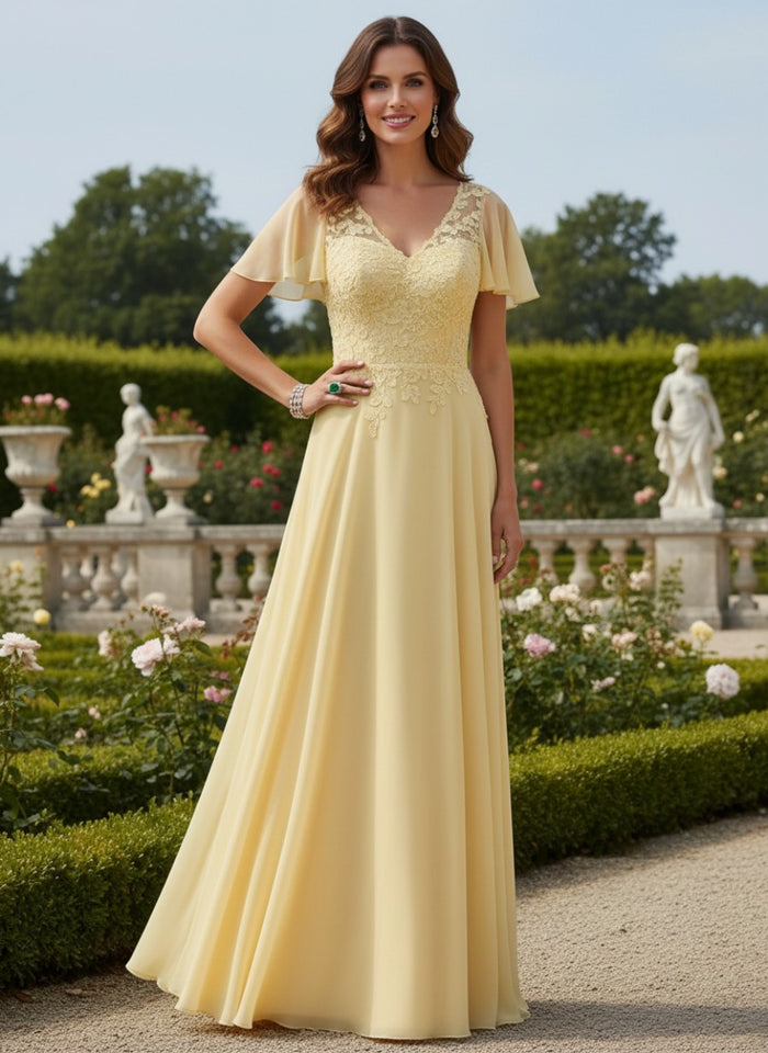 Chiffon A-Line V Neck Mother of the Bride Dresses with Lace Applique