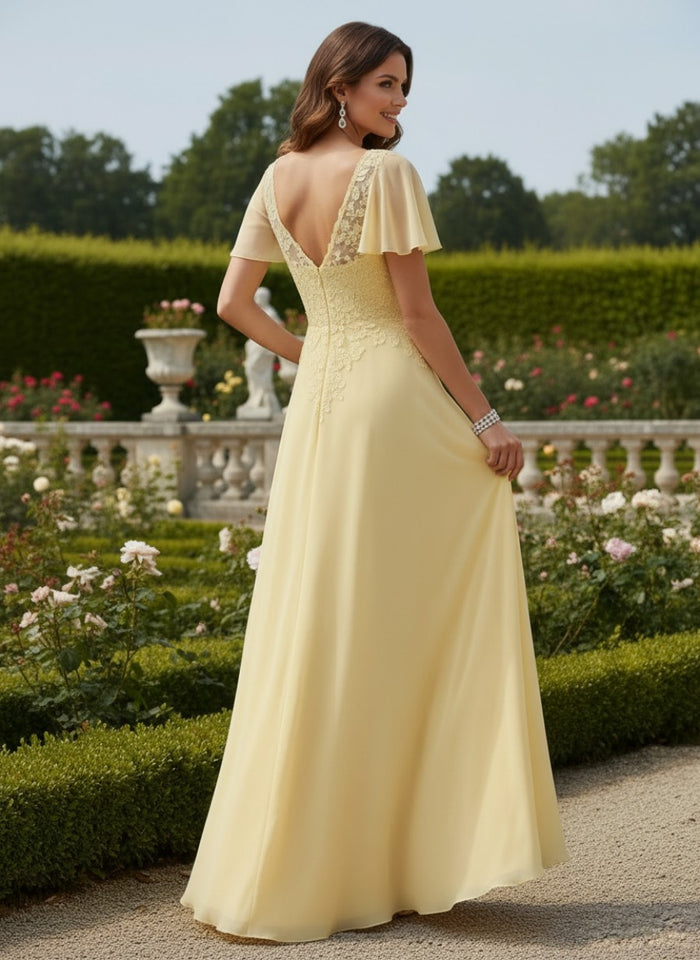 Chiffon A-Line V Neck Mother of the Bride Dresses with Lace Applique