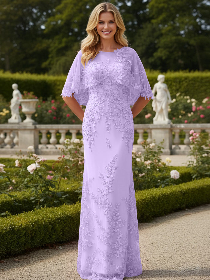 Tulle Sheath Crew Neck Mother of the Bride Dresses with Caps