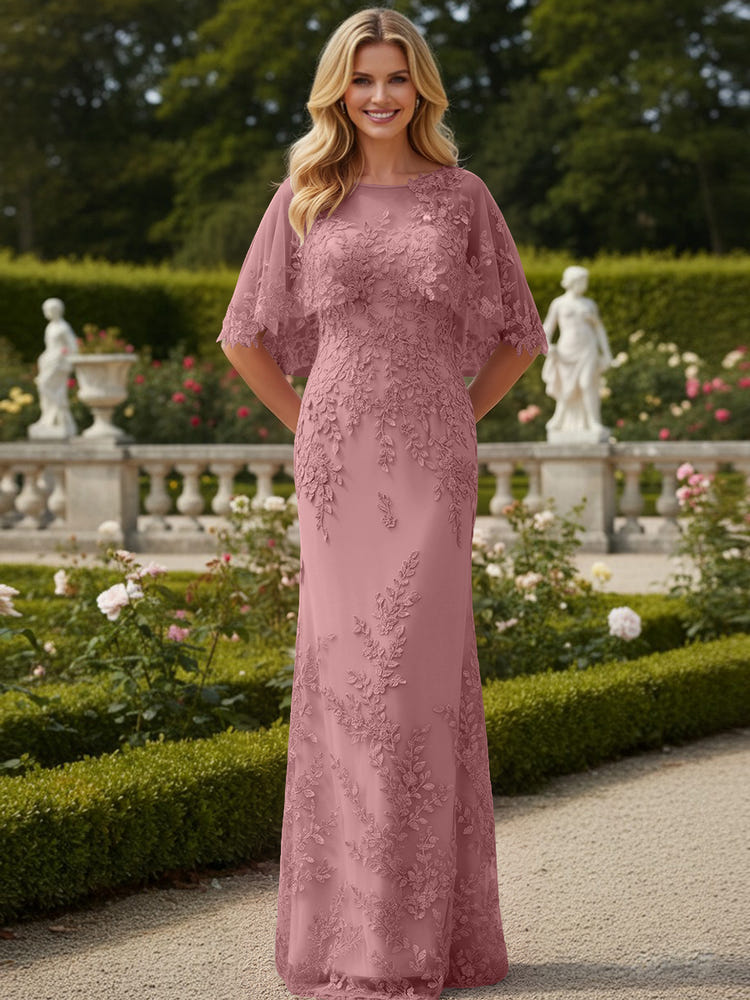 Tulle Sheath Crew Neck Mother of the Bride Dresses with Caps