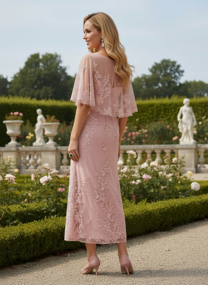 Tulle Sheath Crew Neck Mother of the Bride Dresses with Caps