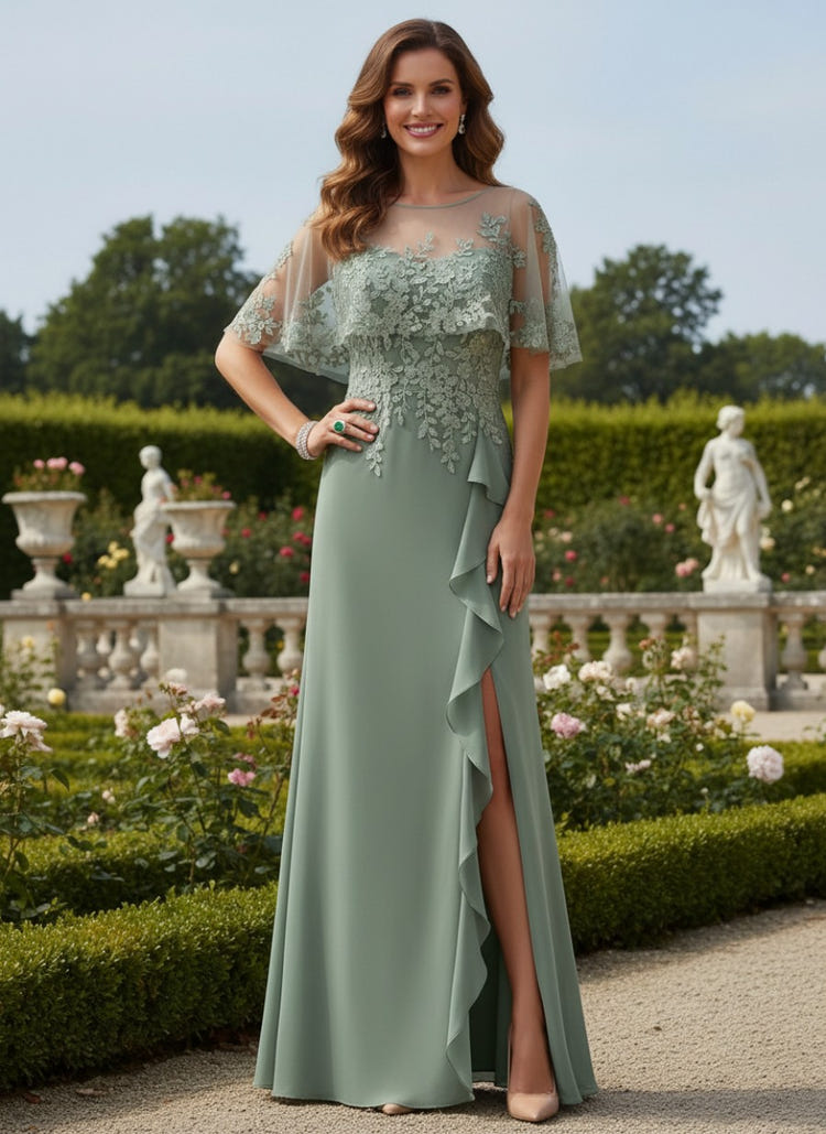 Chiffon A-Line Crew Neck Mother of the Bride Dresses with Caps