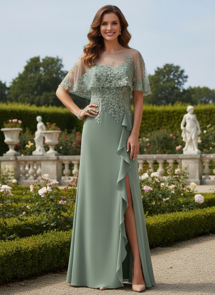 Chiffon A-Line Crew Neck Mother of the Bride Dresses with Caps