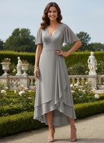 Chiffon High Low V Neck Tiered Mother of the Bride Dresses