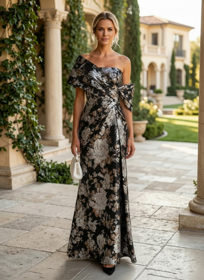 Jacquard Mermaid Asymmetric Neck Pleated Mother of the Bride Dresses