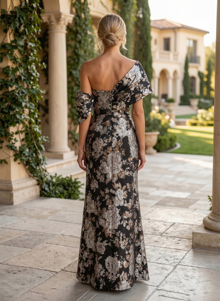 Jacquard Mermaid Asymmetric Neck Pleated Mother of the Bride Dresses