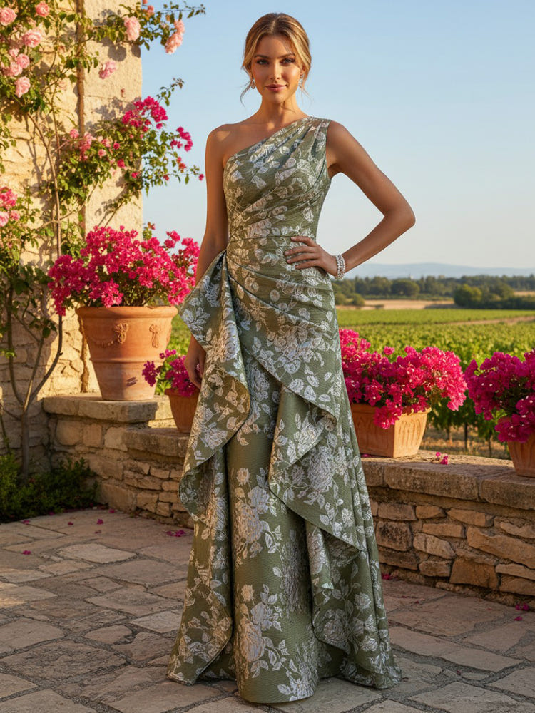 Jacquard A-Line One Shoulder Mother of the Bride Dresses with Ruffles