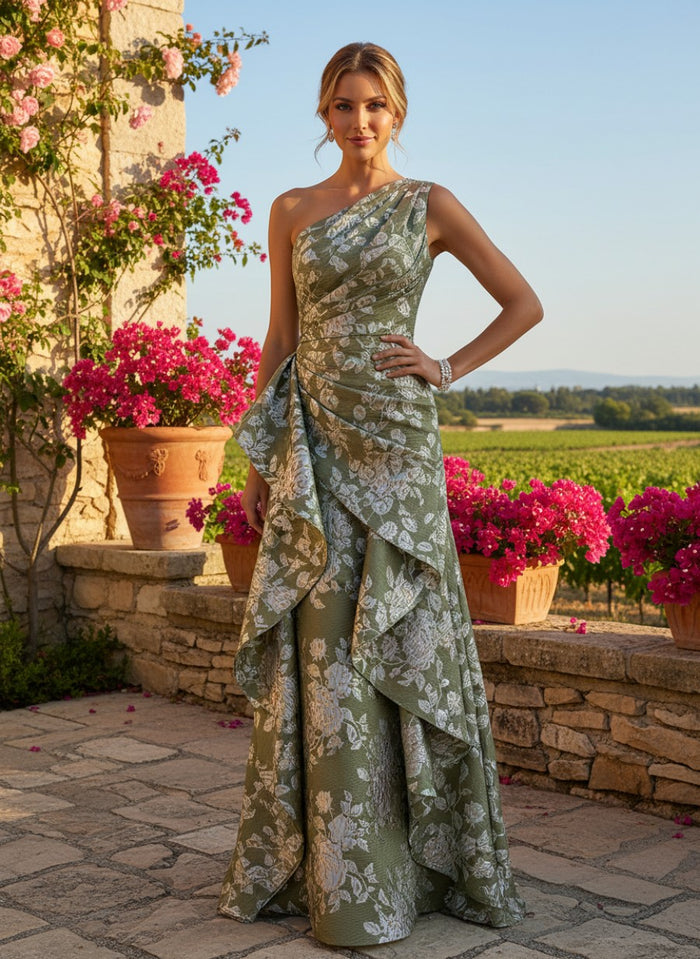 Jacquard A-Line One Shoulder Mother of the Bride Dresses with Ruffles
