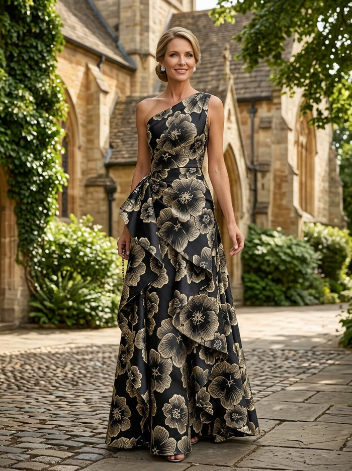 Jacquard A-Line One Shoulder Mother of the Bride Dresses with Ruffles