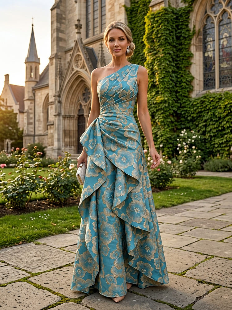 Jacquard A-Line One Shoulder Mother of the Bride Dresses with Ruffles