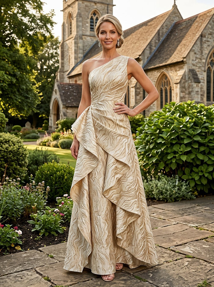 Jacquard A-Line One Shoulder Mother of the Bride Dresses with Ruffles
