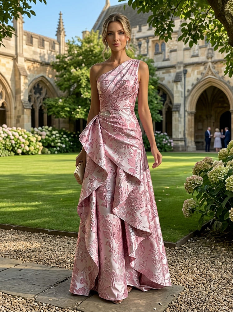Jacquard A-Line One Shoulder Mother of the Bride Dresses with Ruffles