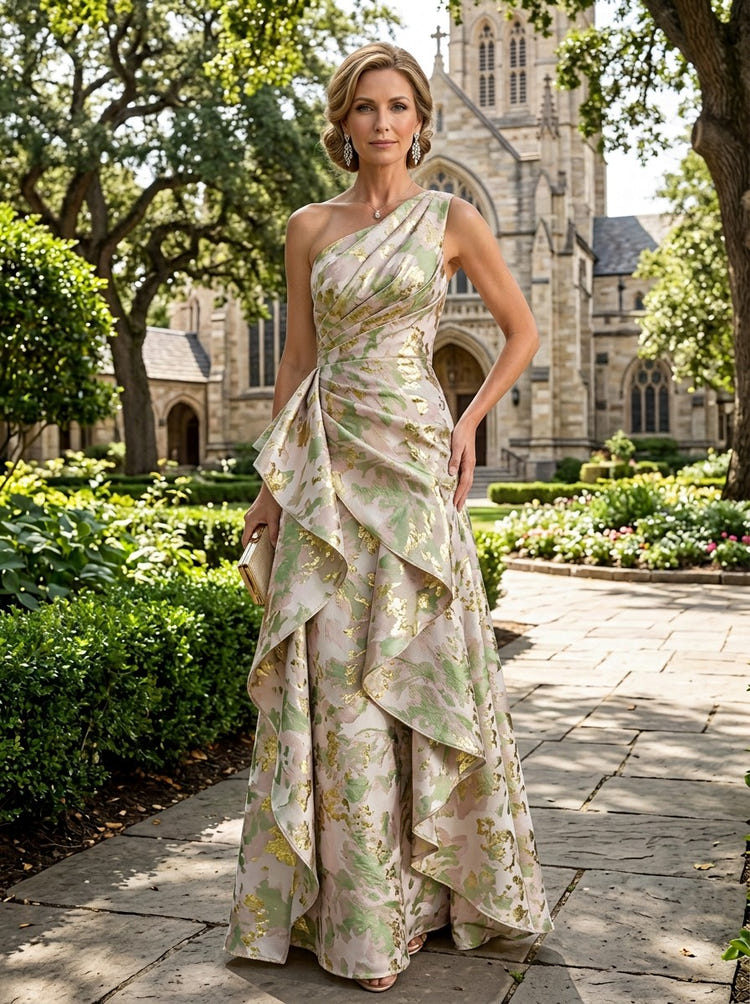 Jacquard A-Line One Shoulder Mother of the Bride Dresses with Ruffles