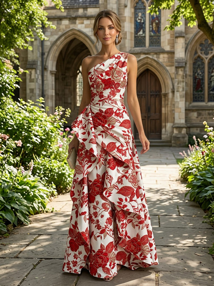Jacquard A-Line One Shoulder Mother of the Bride Dresses with Ruffles