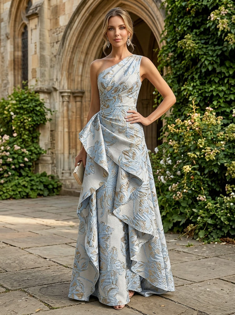 Jacquard A-Line One Shoulder Mother of the Bride Dresses with Ruffles