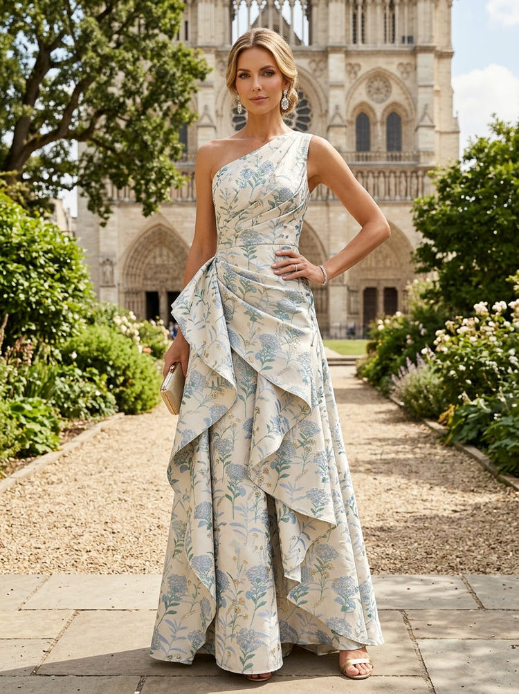 Jacquard A-Line One Shoulder Mother of the Bride Dresses with Ruffles