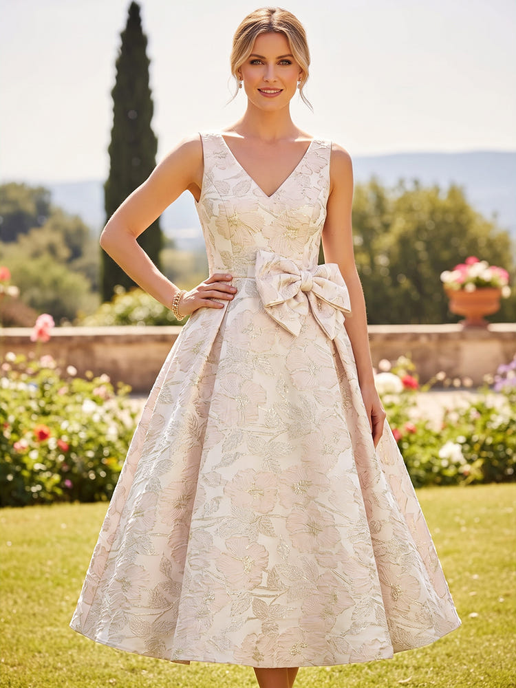 Jacquard A-Line V Neck Pleated Mother of the Bride Dresses
