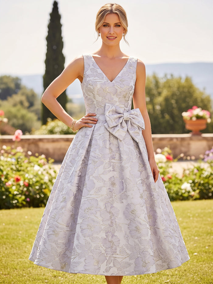 Jacquard A-Line V Neck Pleated Mother of the Bride Dresses