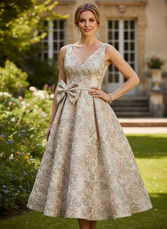 Jacquard A-Line V Neck Pleated Mother of the Bride Dresses