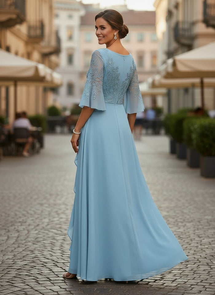 Chiffon A-Line Crew Neck Mother of the Bride Dresses with Lace Applique