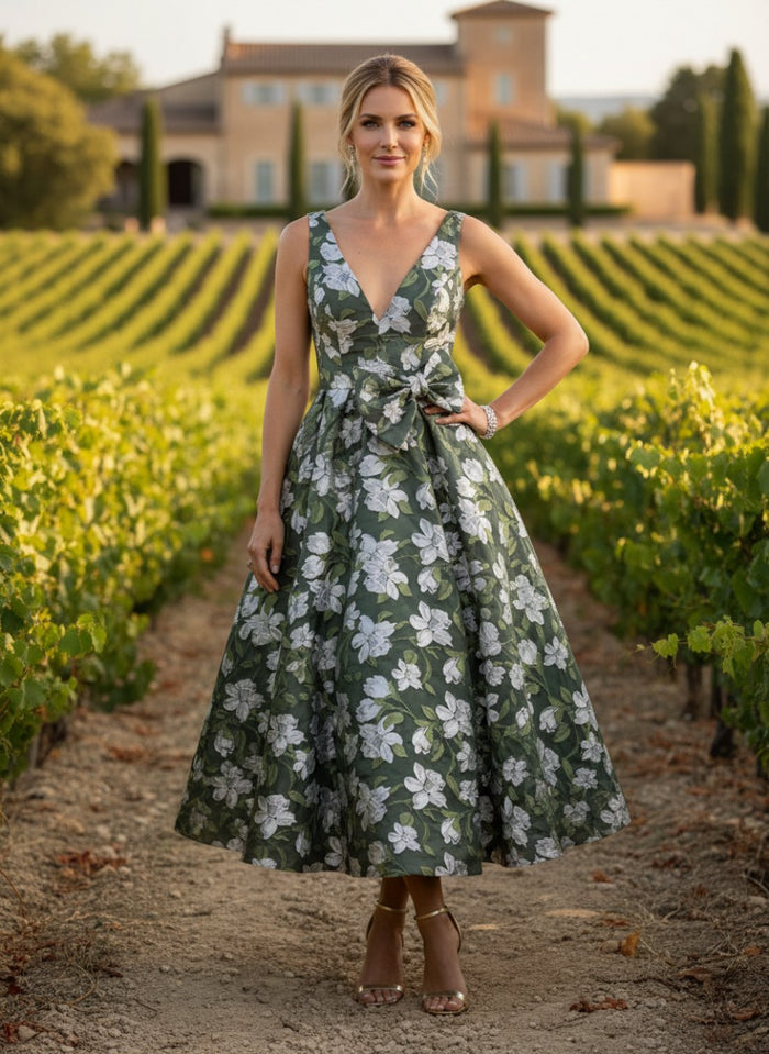 Jacquard A-Line V Neck Pleated Mother of the Bride Dresses