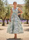 A-Line Tea Length Jacquard V Neck Pleated Cocktail Dresses with Bow
